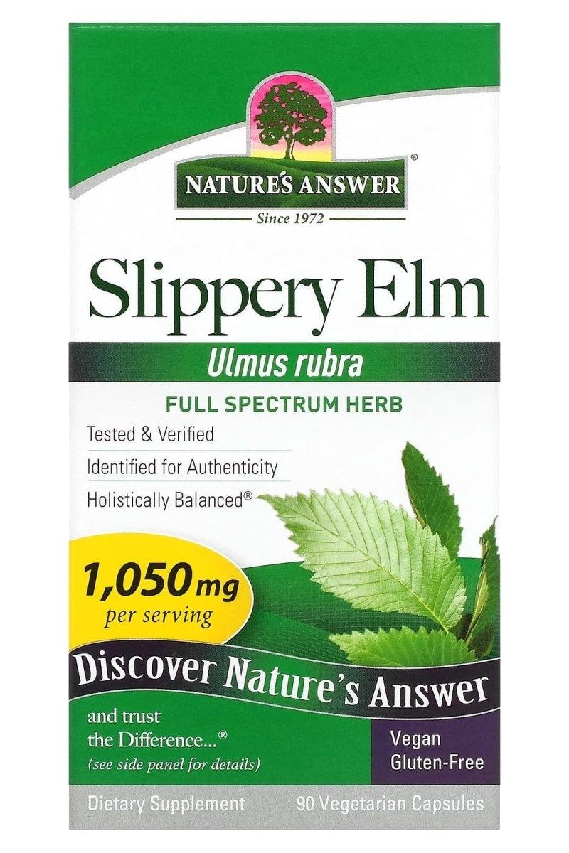 Nature's Answer Slippery Elm Extract box, a dietary supplement for digestive health, 90 vegetarian capsules.
