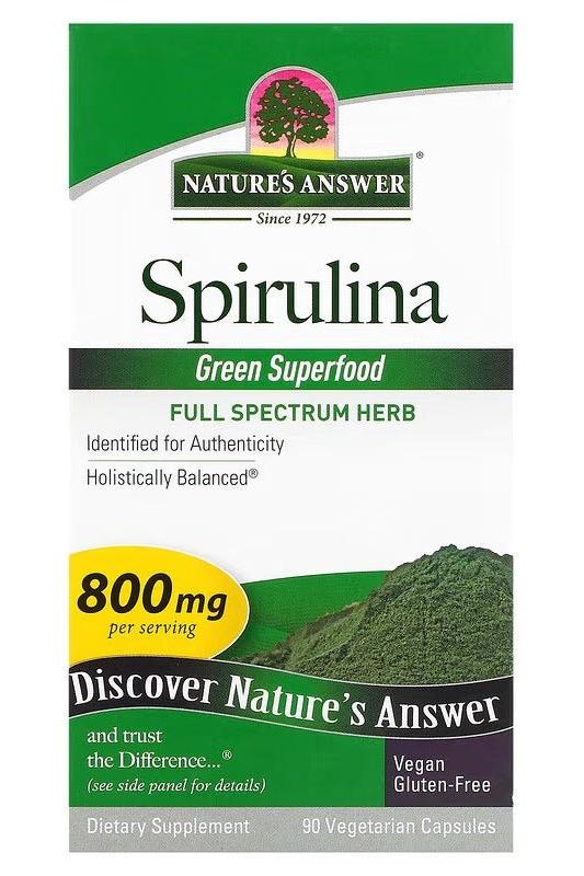 Nature's Answer Spirulina supplement box, 90 vegetarian capsules, supports heart health and weight loss.