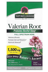 Nature's Answer Valerian Root supplement box promoting relaxation and restful sleep, featuring vegan and gluten-free label.