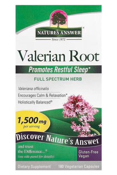 Nature's Answer Valerian Root supplements promoting restful sleep, gluten-free, vegan, 180 vegetarian capsules.