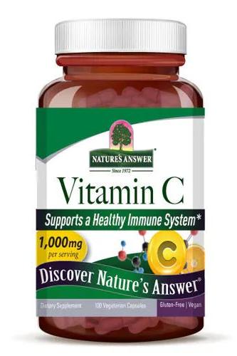 Nature's Answer Vitamin C 1000 mg supplement bottle, supports immune health, 100 vegetarian capsules, gluten-free.