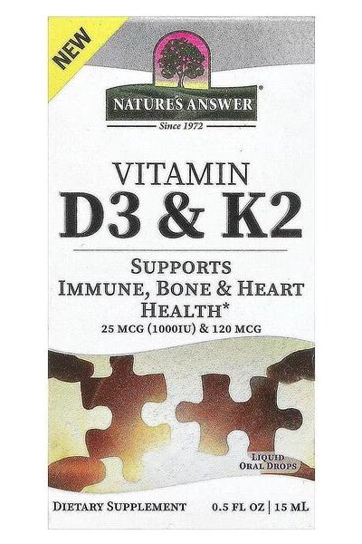 Nature's Answer Vitamin D3 & K2 dietary supplement 15 ml, supports immune, bone, and heart health.