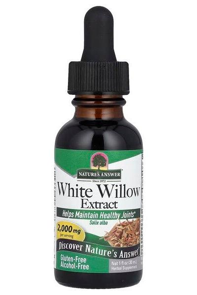 Nature's Answer White Willow Extract liquid supplement promoting healthy joints, gluten-free and alcohol-free.