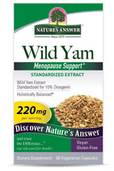 Nature's Answer Wild Yam supplement packaging featuring menopause support, 60 vegetarian capsules, and standardized extract.