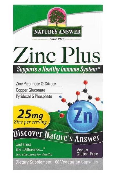 Nature's Answer Zinc Plus supplement packaging, supports healthy immune system, 60 vegetarian capsules, gluten-free.