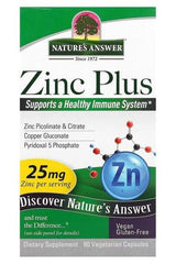 Nature's Answer Zinc Plus supplement packaging, supports healthy immune system, 60 vegetarian capsules, gluten-free.