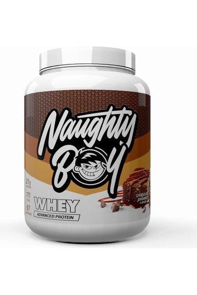 Naughty Boy Advanced Whey protein powder container with 22g protein per serving for muscle growth.