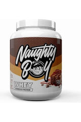 Naughty Boy Advanced Whey protein powder container with 22g protein per serving for muscle growth.