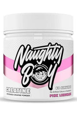 Naughty Boy micronized creatine powder in Pink Lemonade flavor, 60 servings container.