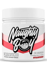Naughty Boy micronized creatine powder in strawberry flavor, offering 60 servings to boost endurance and strength.