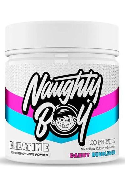 Naughty Boy Creatine powder in Candy Bubblegum flavor, micronized, 60 servings, boosts endurance and strength.