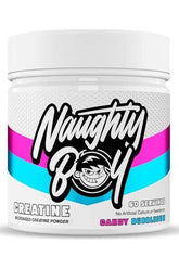 Naughty Boy Creatine powder in Candy Bubblegum flavor, micronized, 60 servings, boosts endurance and strength.