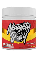 Naughty Boy ENERGY pre-workout supplement container, strawberry mango flavor, 30 servings for enhanced energy and performance.