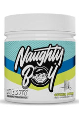 Naughty Boy ENERGY pre-workout supplement jar Citrus Dream flavor with vibrant label design.