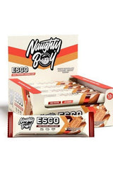 Naughty Boy ESCO protein bar packaging with bars, emphasizing high protein and active lifestyle.