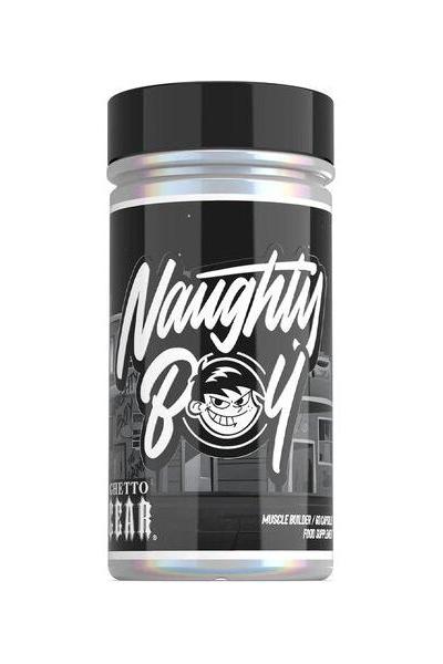 Naughty Boy Ghetto Gear supplement bottle designed for muscle growth and performance enhancement.