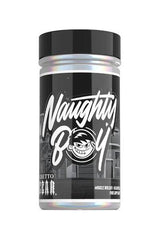 Naughty Boy Ghetto Gear supplement bottle designed for muscle growth and performance enhancement.