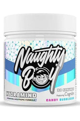 Naughty Boy Hydramind supplement jar for improved hydration and cognition in Candy Bubblegum flavor.