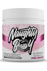 Naughty Boy Hydration Pink Lemonade drink mix, 30 servings of electrolyte formula for recovery and hydration.
