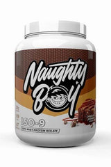 Naughty Boy ISO-9 whey protein isolate packaging showcasing chocolate flavor and nutritional details.