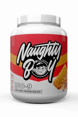 Naughty Boy ISO-9 whey protein isolate tub showcasing high purity and excellent flavor.