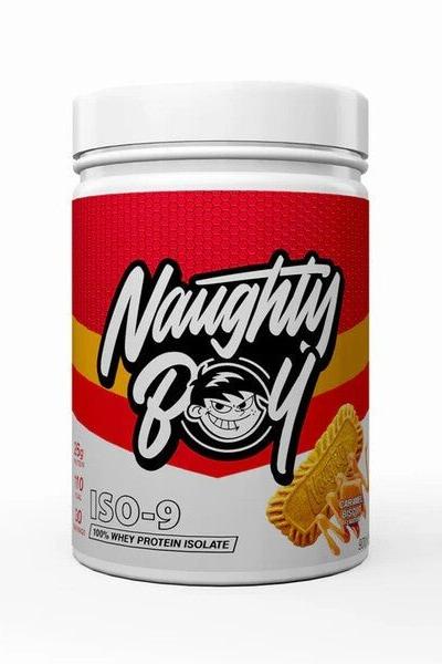 Naughty Boy ISO-9 protein powder tub featuring 100% whey protein isolate with vibrant red and yellow design.