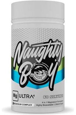 Naughty Boy MGUltra4 magnesium supplement container, 4-in-1 bioavailable formula for improved health.