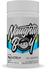 Naughty Boy MGUltra4 magnesium supplement container, 4-in-1 bioavailable formula for improved health.