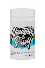 Naughty Boy No Stress dietary supplement bottle with 60 capsules for stress management support.