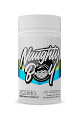 Naughty Boy High Strength Omega 3 supplement bottle, 90 caps, 1000mg Omega 3 per serving.