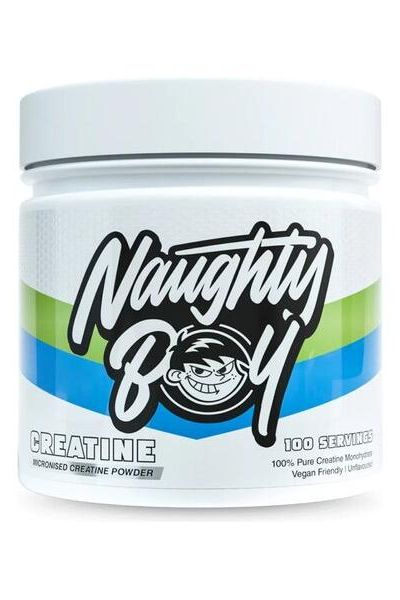 Naughty Boy Micronised Creatine Powder 300g canister, vegan-friendly, 100 servings, enhances endurance and strength.
