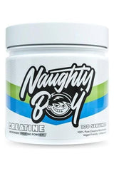 Naughty Boy Micronised Creatine Powder 300g canister, vegan-friendly, 100 servings, enhances endurance and strength.