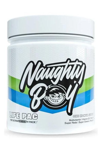 Naughty Boy Life Pac health supplement container featuring multivitamins, probiotics, Omega 3, and Super Greens.