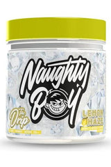 Naughty Boy The Drip supplement jar with Lemon Haz flavor, promoting energy and focus.