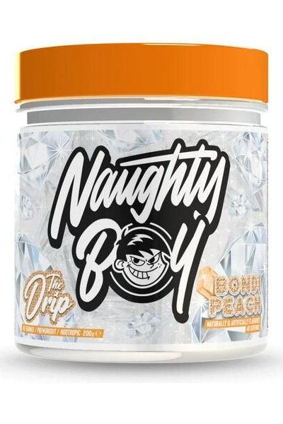 Naughty Boy The Drip supplement jar with Bond Peach flavor, designed for energy and focus.