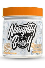 Naughty Boy The Drip supplement jar with Bond Peach flavor, designed for energy and focus.