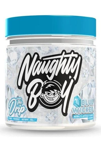 Naughty Boy The Drip product container with blue lid, featuring transparent ingredient benefits for energy and focus.