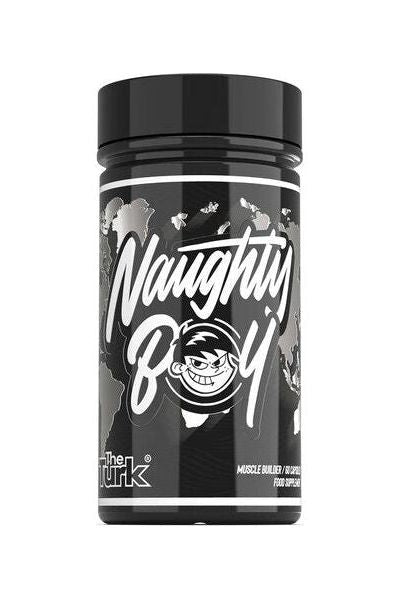 Naughty Boy - The Turk supplement bottle for muscle growth and recovery, featuring bold branding and world map design.