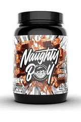 Naughty Boy Whey 100 protein powder tub with chocolate flavor and branding.