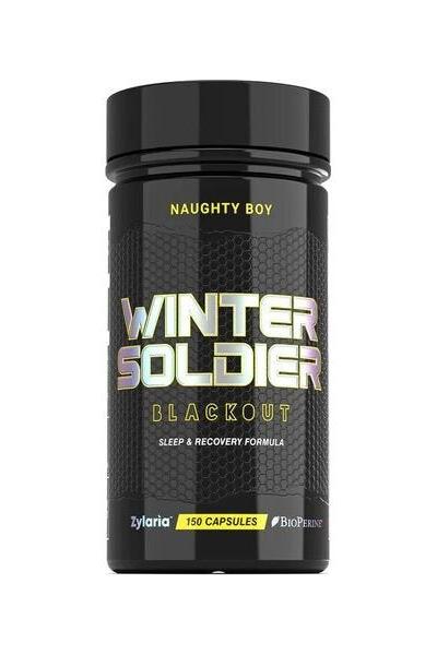 Naughty Boy Winter Soldier Blackout supplement bottle with 150 capsules for sleep and recovery support. Naughty Boy Winter Soldier Blackout supplement bottle with 150 capsules for sleep and recovery support.