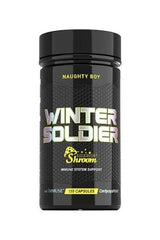 Naughty Boy Winter Soldier supplement bottle with IMMUSE and Cordyceps for immune support and vitality.