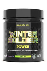 Naughty Boy Winter Soldier Power supplement jar with kiwi lime flavor for strength and endurance.