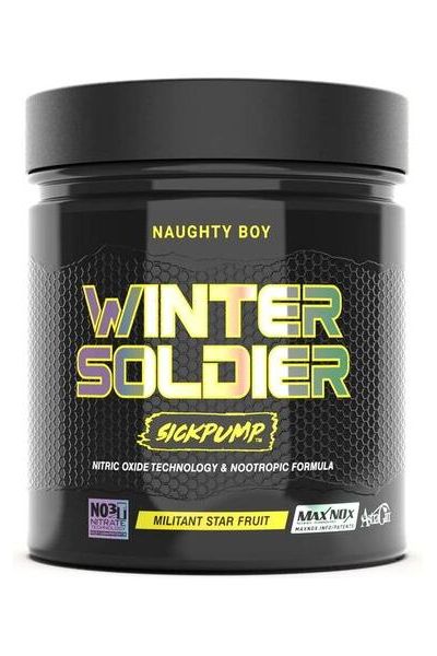 Naughty Boy Winter Soldier SickPump supplement jar with nitric oxide technology, labeled Militant Star Fruit flavor.