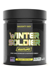 Naughty Boy Winter Soldier SickPump supplement jar with nitric oxide technology, labeled Militant Star Fruit flavor.