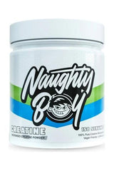 NaughtyBoy creatine powder container, 150 servings, 100% pure micronized creatine for enhanced endurance.