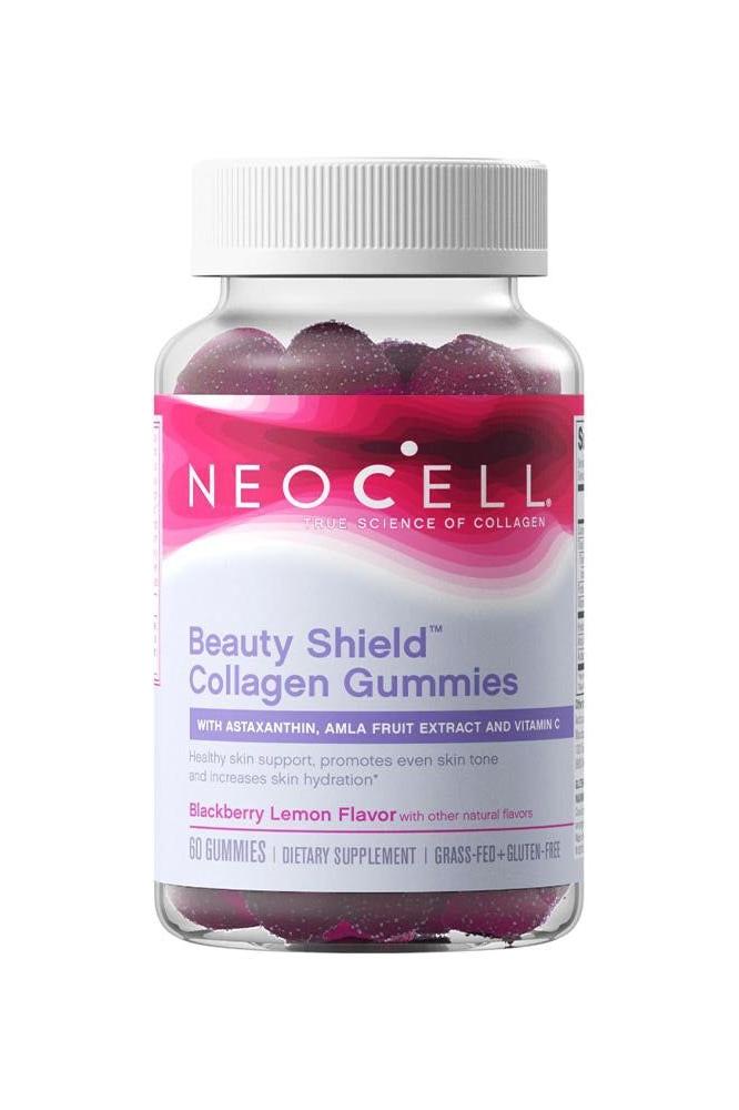 NeoCell Beauty Shield Collagen Gummies in Blackberry Lemon flavor, promoting healthy skin and hydration.
