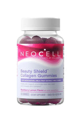 NeoCell Beauty Shield Collagen Gummies in Blackberry Lemon flavor, promoting healthy skin and hydration.