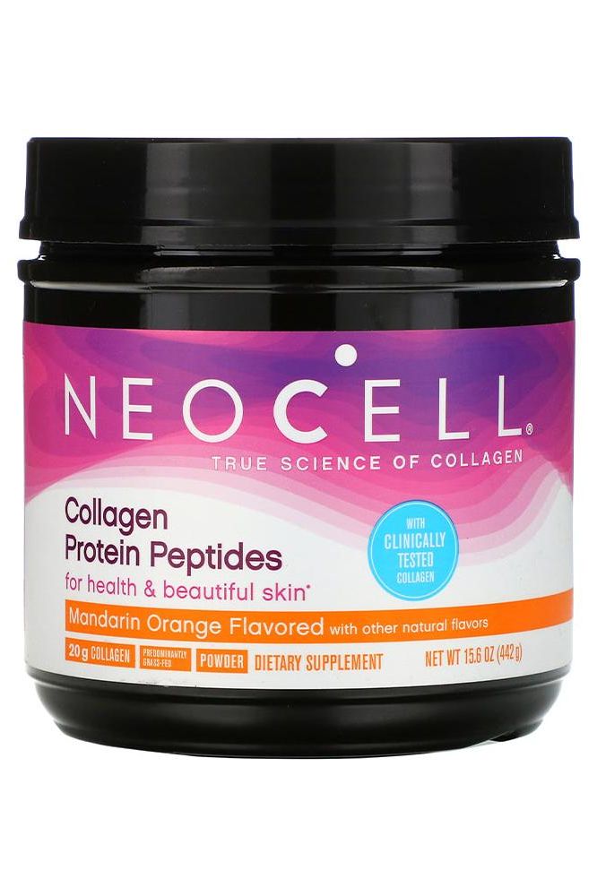 NeoCell Collagen Protein Peptides supplement in Mandarin Orange flavor, 442g, promoting health and beautiful skin.