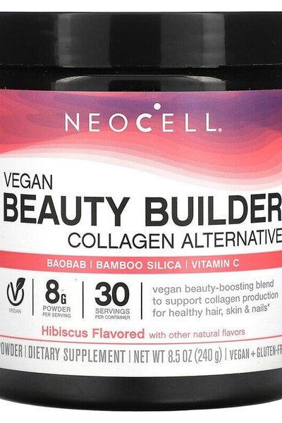 NeoCell Vegan Beauty Builder Collagen Alternative Powder, Hibiscus flavor, 240g for healthy hair, skin, and nails.