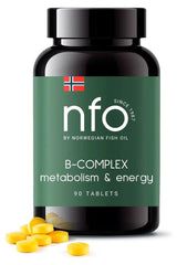 NFO B-Complex supplement bottle with yellow tablets, supports metabolism and energy, 90 tablets.